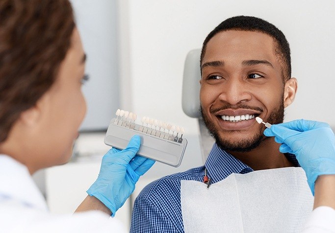 team member testing man for veneer chart